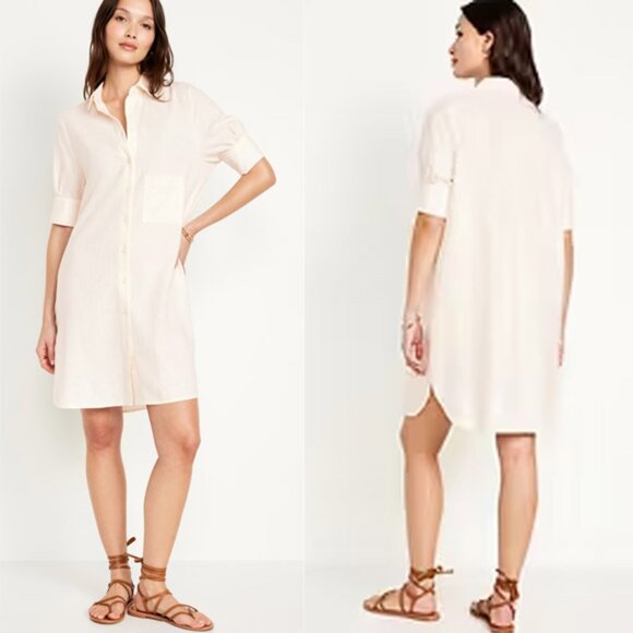OLD NAVY Linen-Blend Shirt Dress Size L Creme De La Crème Beach Summer Everyday - Picture 2 of 16